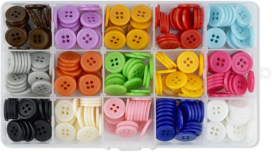 300 Pack Colorful Buttons for Craft DIY 15 Assorted Colors Resin Round Sewing Flatback Button with Box 4 Holes Crafts Mixed Color Manual Handmade Ornament (15mm)