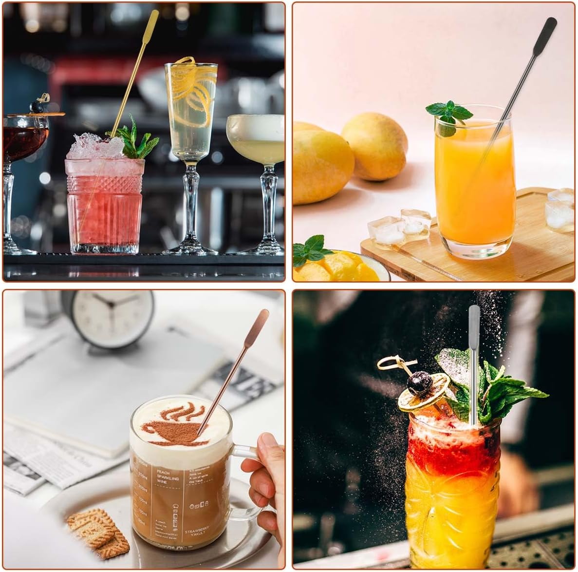 Coffee Stick Stainless Steel Swizzle Reusable Metal Stir Sticks Cocktail Drink Stirrer Spoon Beverage Stirrers with Small Rectangular Paddles Stirring Bar Set(7.73inch long)