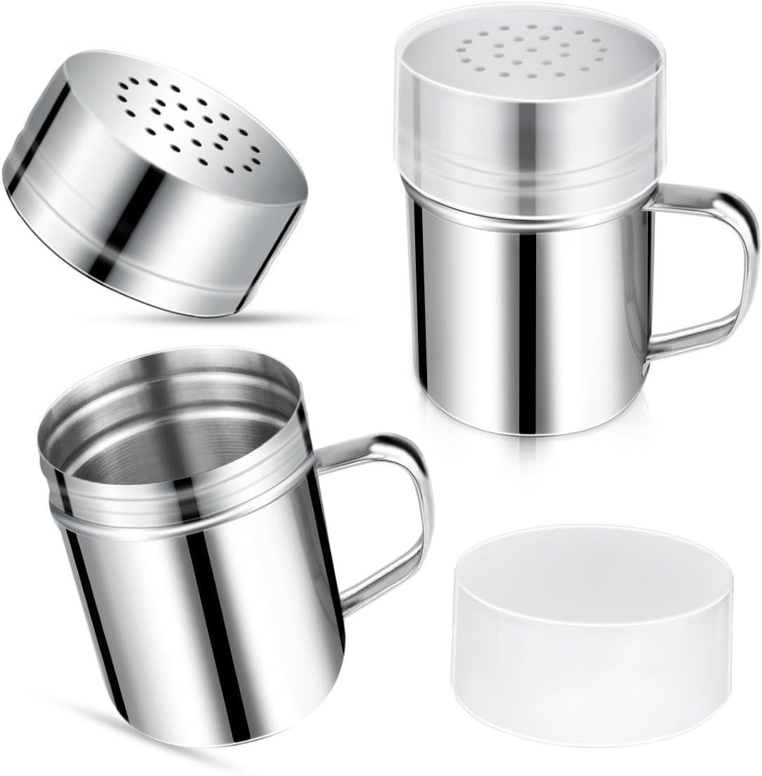 Stainless Steel Dredge Shaker Spice Shakers with Handle Powdered Sugar Pepper 6 Oz Metal Salt Holes and Lid Fine Powder for Cinnamon Cocoa Flour Baking Seasoning