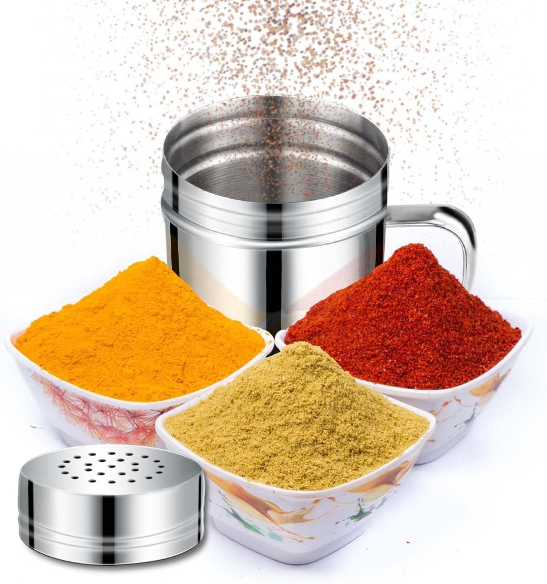 Stainless Steel Dredge Shaker Spice Shakers with Handle Powdered Sugar Pepper 6 Oz Metal Salt Holes and Lid Fine Powder for Cinnamon Cocoa Flour Baking Seasoning