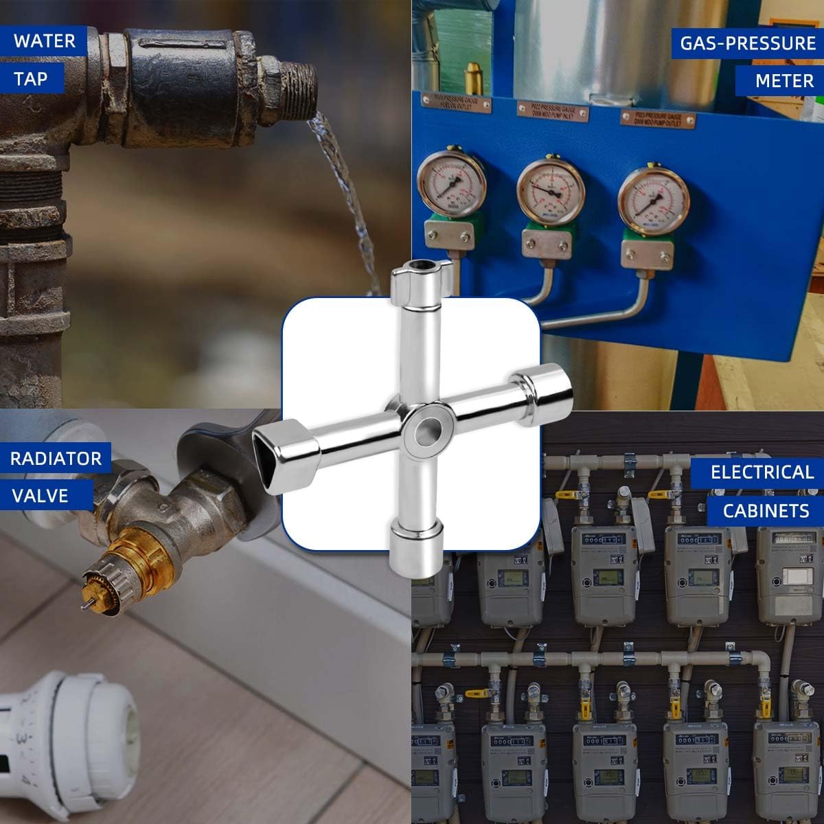 Triangle Multi-functional Sillcock Key 4 Way Square Wrench Water Utility Steel Tool for Electric Gas Meter Box Cupboard Cabinet Opening Spigots Faucet Valve 2 Paack Cross