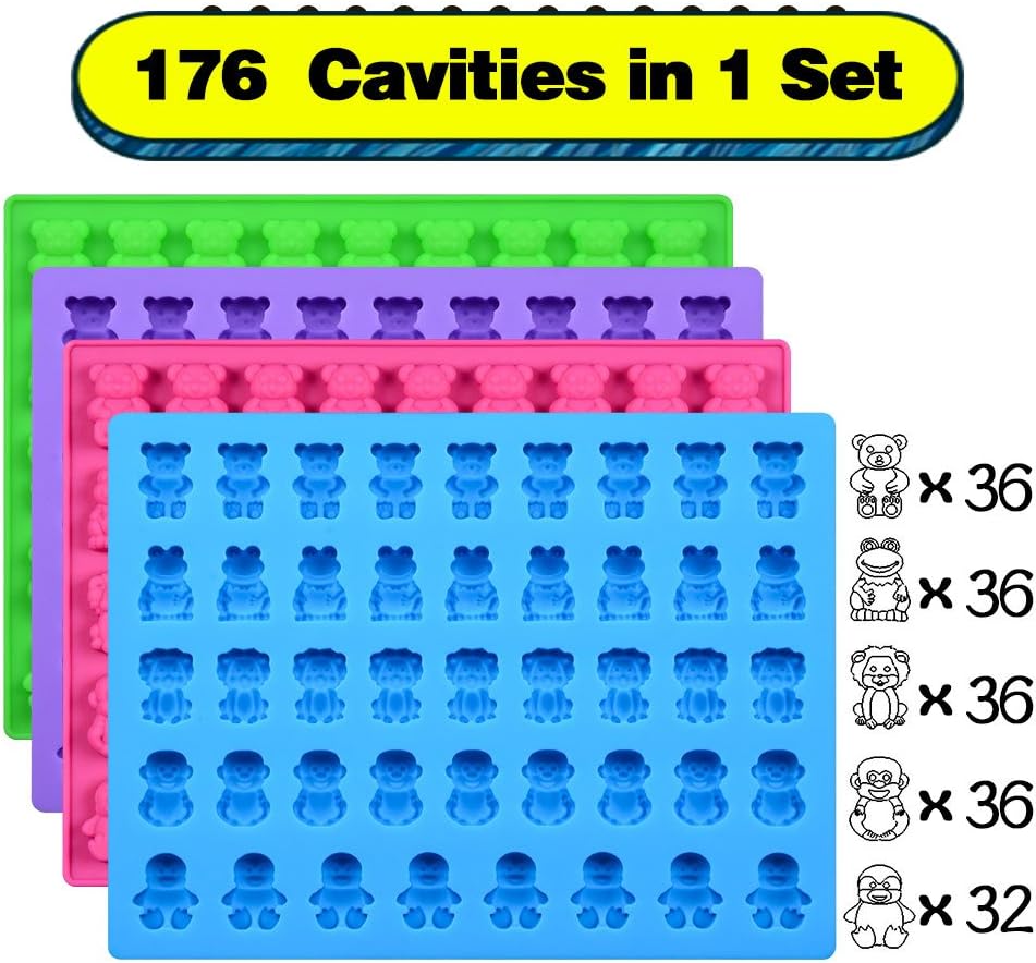 Silicone Candy Gummy Bear Molds - Chocolate Molds Including Bears, Frogs, Lions, Monkeys, Penguins Gummie Molds Premium Silicone, Pack of 4 with 2 Droppers
