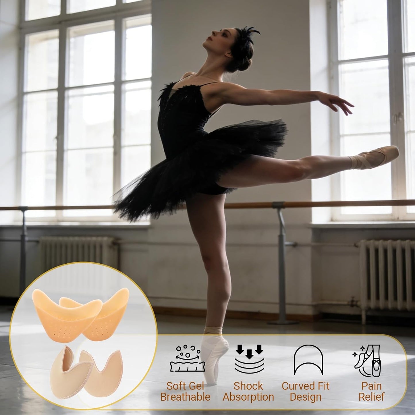 2 Pairs Toe Pads for Pointe Shoes - Cotton Pointe Shoe Ballet Dance Toe Pads & Silicone Gel Pads Pointe Shoes Protectors for Foot Metatarsal Protection, Breathable & Washable