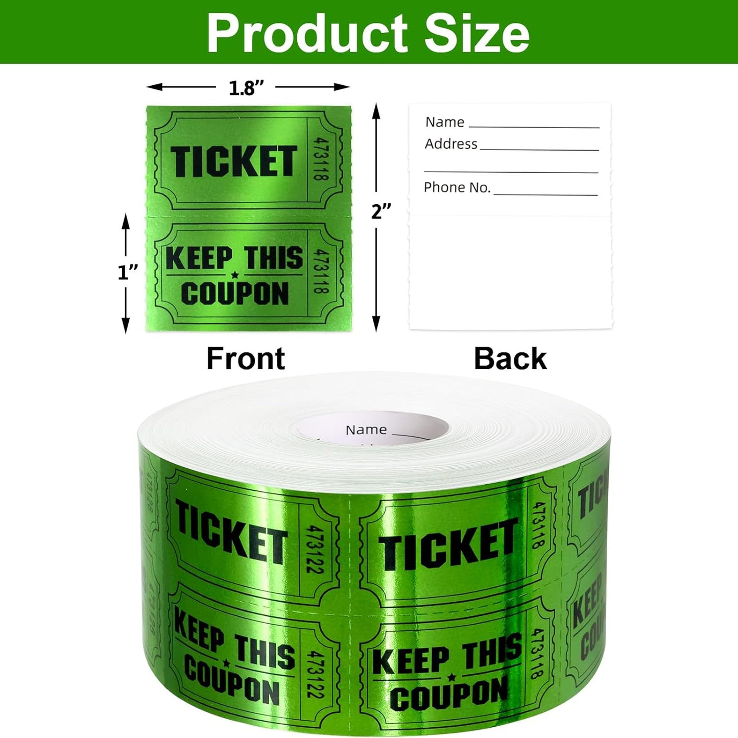 ceiba tree 1000 Raffle Tickets Double Roll Metallic Green Foil Ticket for Events Carnivals Entry Class Reward Prizes Party Supplies
