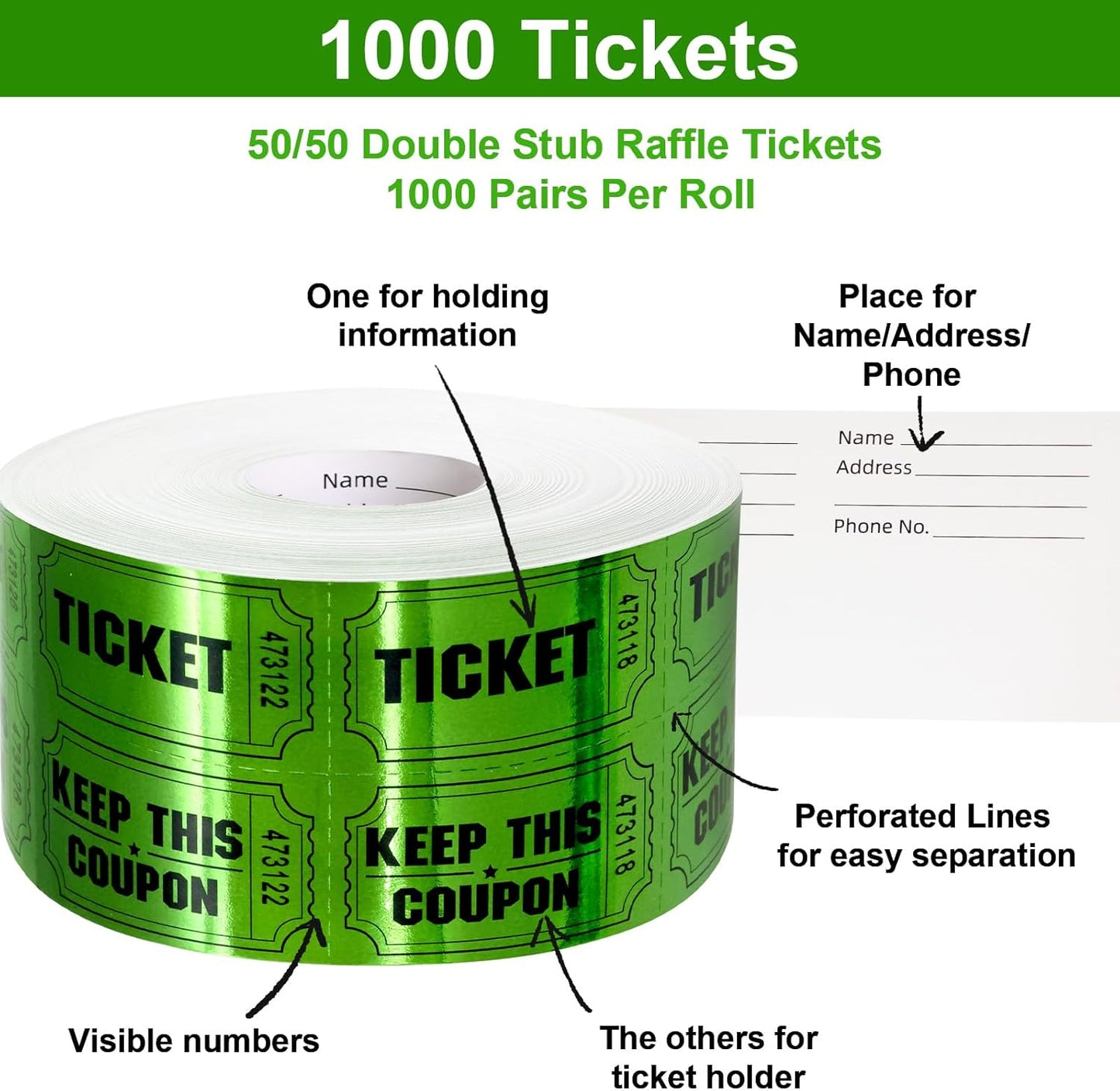 ceiba tree 1000 Raffle Tickets Double Roll Metallic Green Foil Ticket for Events Carnivals Entry Class Reward Prizes Party Supplies