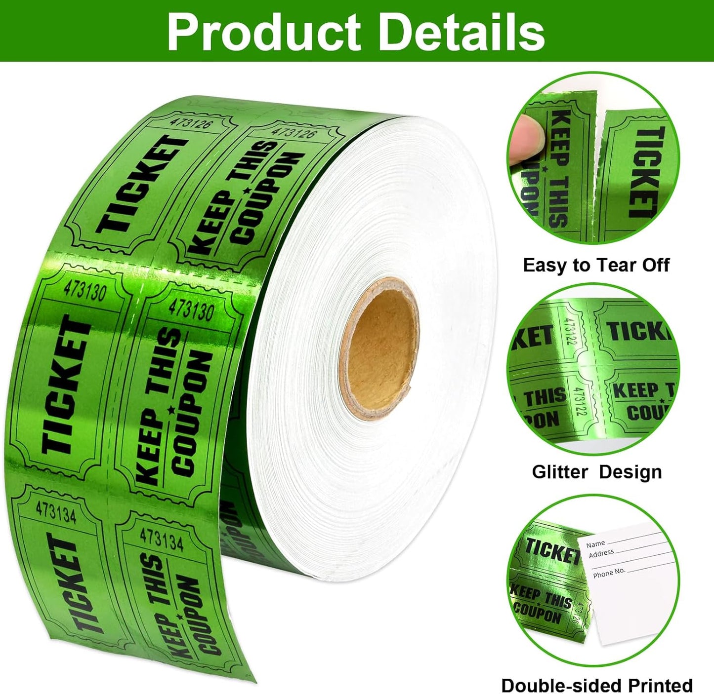 ceiba tree 1000 Raffle Tickets Double Roll Metallic Green Foil Ticket for Events Carnivals Entry Class Reward Prizes Party Supplies