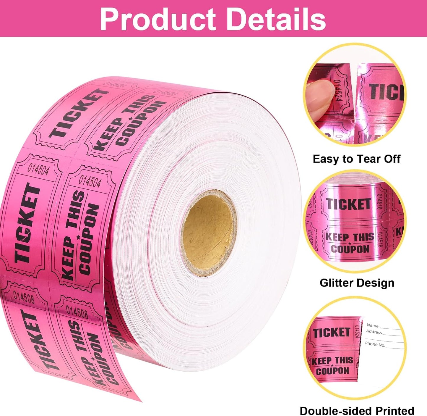 ceiba tree 1000 Raffle Tickets Double Roll Metallic Pink Foil Ticket for Events Carnivals Entry Class Reward Prizes Pink Party Supplies