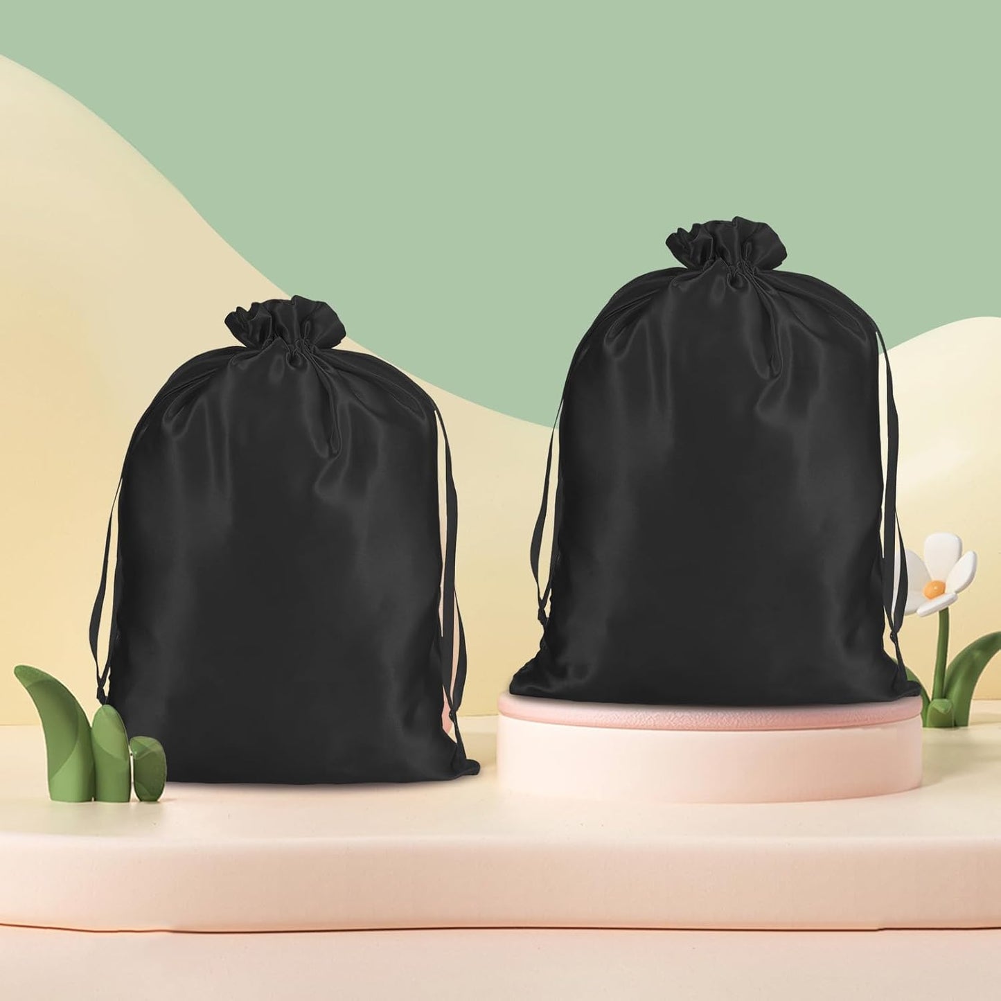 4Pcs Wig Storage Bags,Silk Bags with Drawstring Small Storage Satin Bag for Wigs Bundles Hair Extension(Black)
