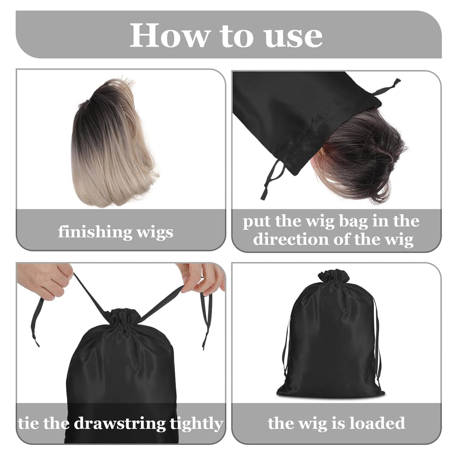 4Pcs Wig Storage Bags,Silk Bags with Drawstring Small Storage Satin Bag for Wigs Bundles Hair Extension(Black)