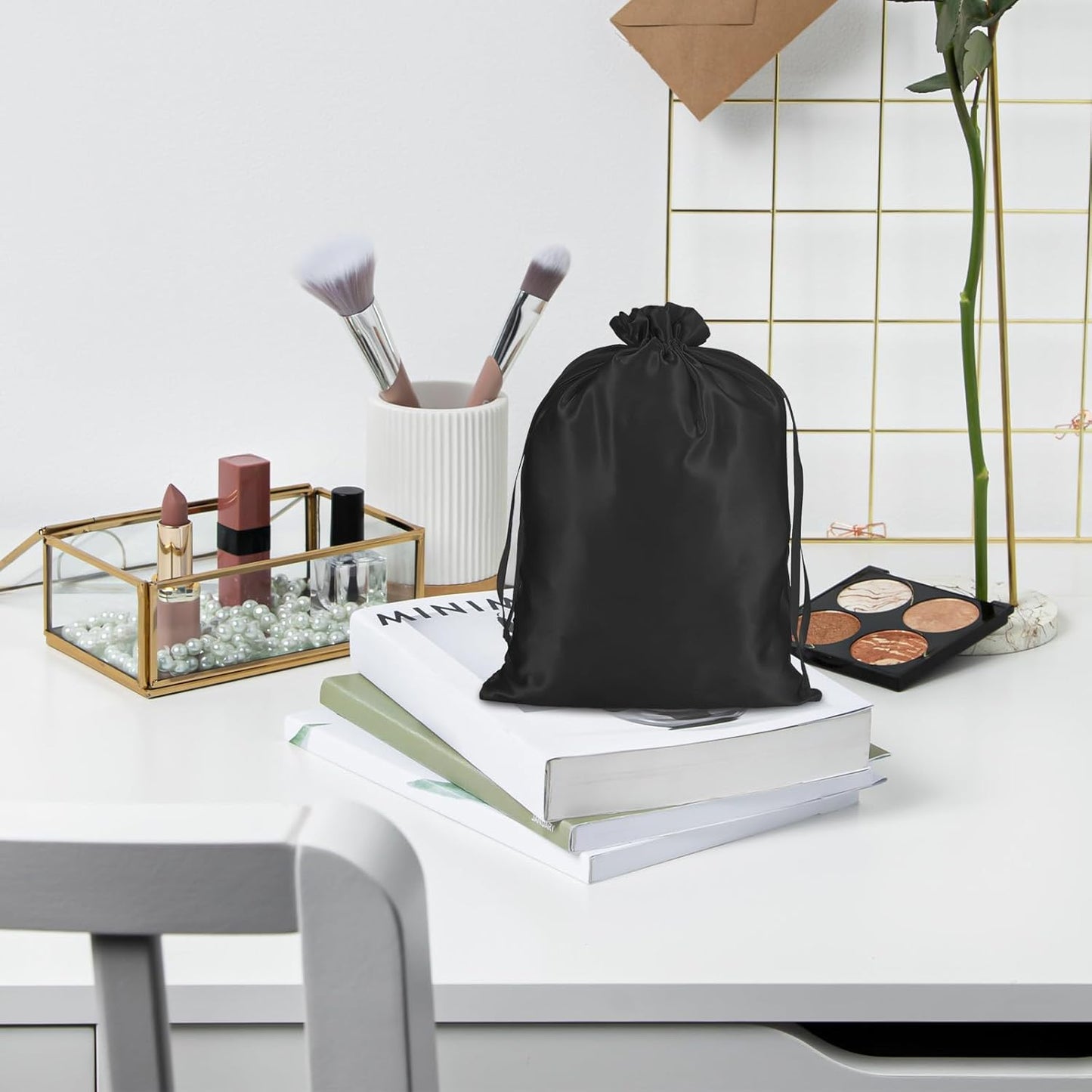 4Pcs Wig Storage Bags,Silk Bags with Drawstring Small Storage Satin Bag for Wigs Bundles Hair Extension(Black)