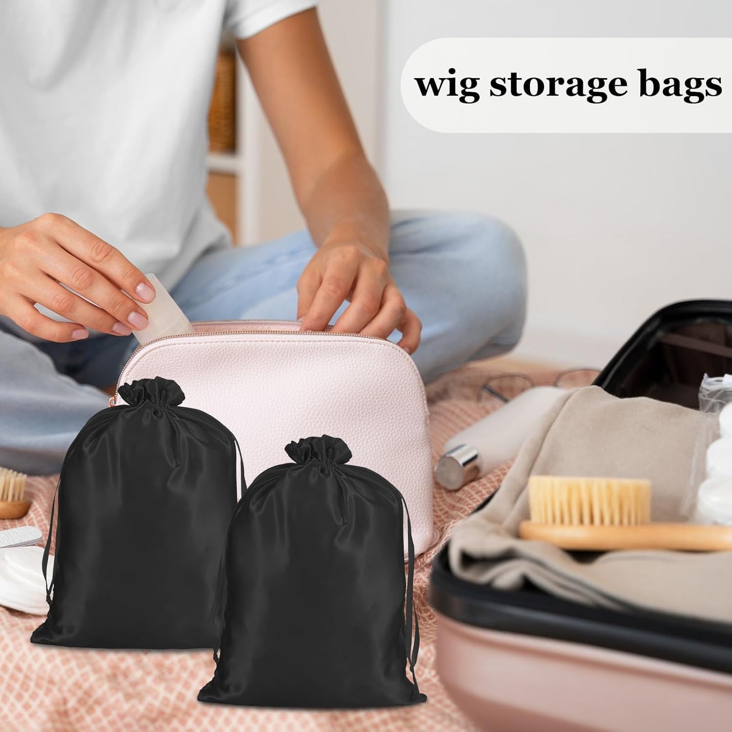 4Pcs Wig Storage Bags,Silk Bags with Drawstring Small Storage Satin Bag for Wigs Bundles Hair Extension(Black)