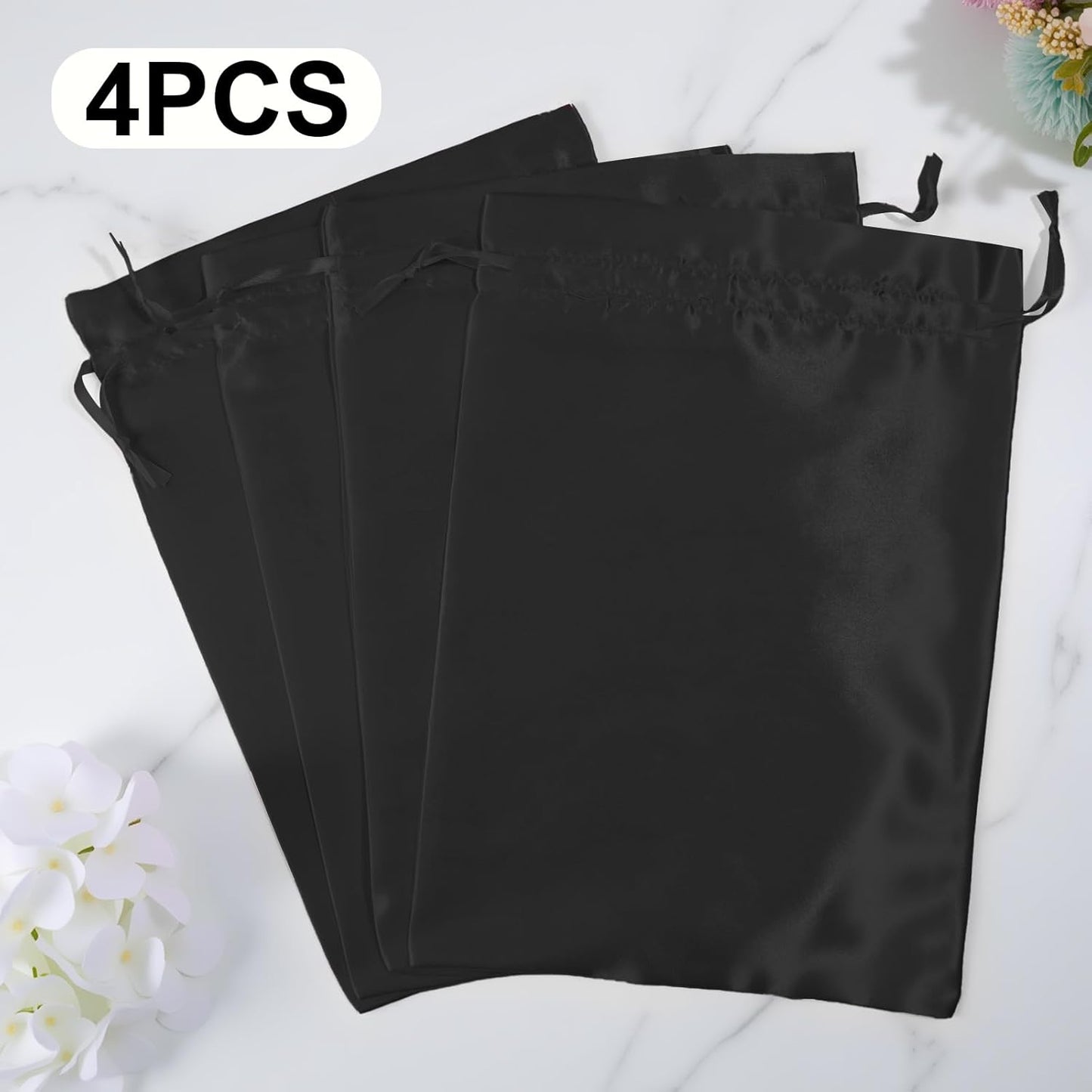 4Pcs Wig Storage Bags,Silk Bags with Drawstring Small Storage Satin Bag for Wigs Bundles Hair Extension(Black)