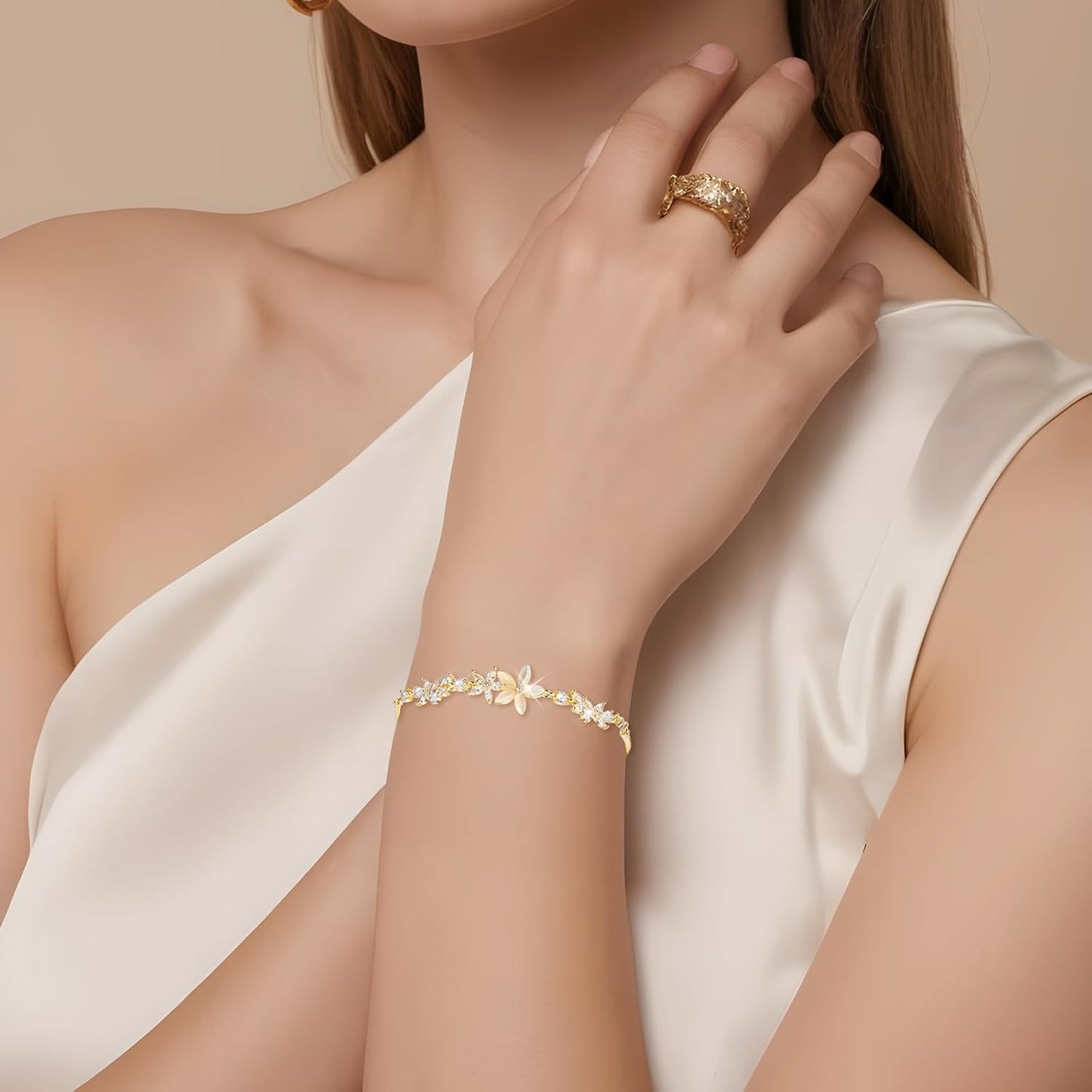 Gold Adjustable Bracelets for Women,Dainty Flower Bracelet Rhinestone Slider Floral Bracelet Floral Jewelry Adjustable Bridesmaid Bracelets Jewelry Gift