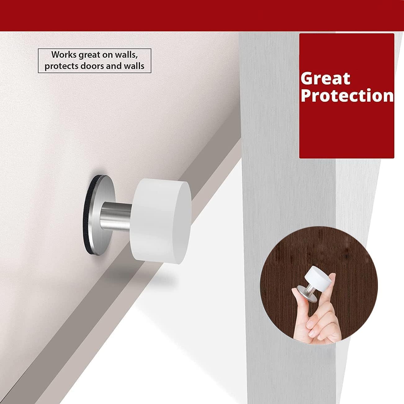 Door Stoppers with Extra Stickers, Self-Adhesive Door Stop with White Rubber & Stainless Steel Body - Sound Dampening Door Bumpers for Home & Office, Door stoppers for Bottom of Door (Medium-2.56inch)