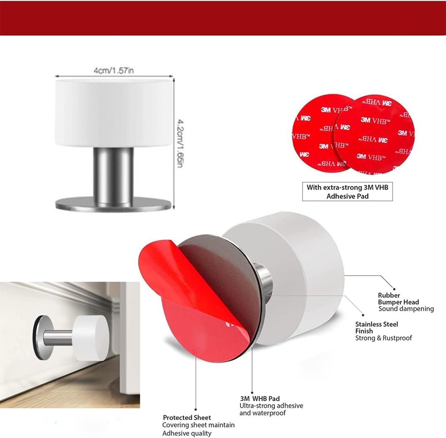 Door Stoppers with Extra Stickers, Self-Adhesive Door Stop with White Rubber & Stainless Steel Body - Sound Dampening Door Bumpers for Home & Office, Door stoppers for Bottom of Door (Medium-2.56inch)
