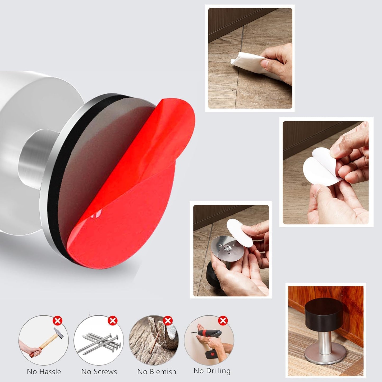 Door Stoppers with Extra Stickers, Self-Adhesive Door Stop with White Rubber & Stainless Steel Body - Sound Dampening Door Bumpers for Home & Office, Door stoppers for Bottom of Door (Medium-2.56inch)