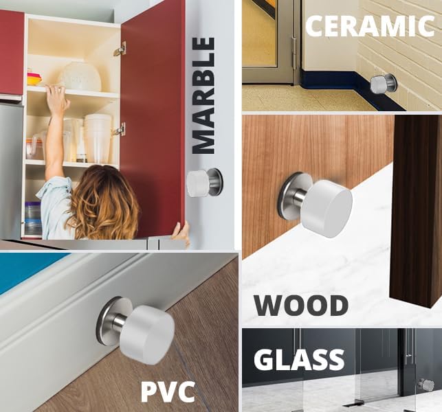 Door Stoppers with Extra Stickers, Self-Adhesive Door Stop with White Rubber & Stainless Steel Body - Sound Dampening Door Bumpers for Home & Office, Door stoppers for Bottom of Door (Medium-2.56inch)