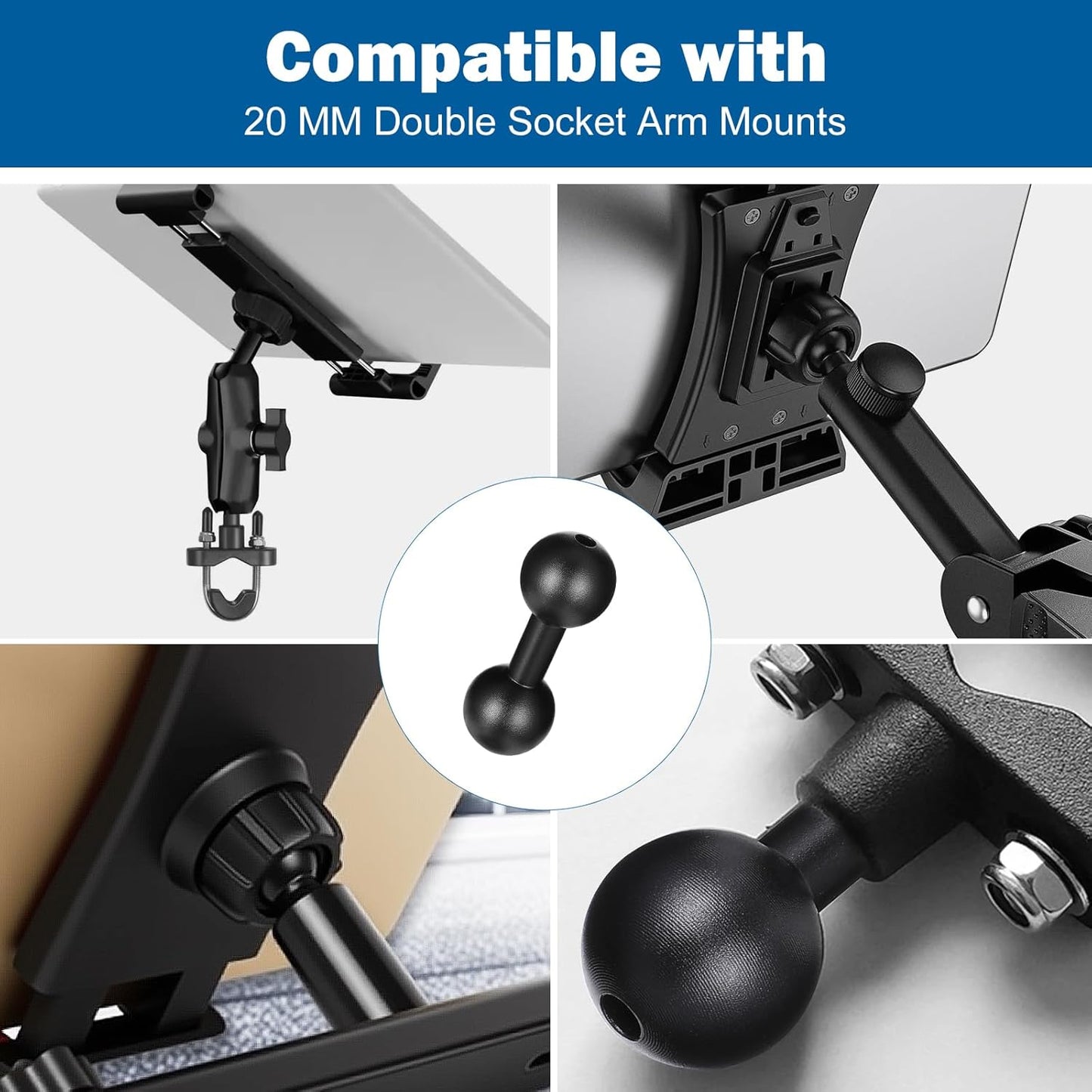20mm to 20mm Ball Mount Arm, Black Aluminum Alloy Ball Adapter Double Balls Mount Extension Connector for Secure Attachment for Mounting Arm with 20 mm Connections Compatible with 20 mm Mounting Arms