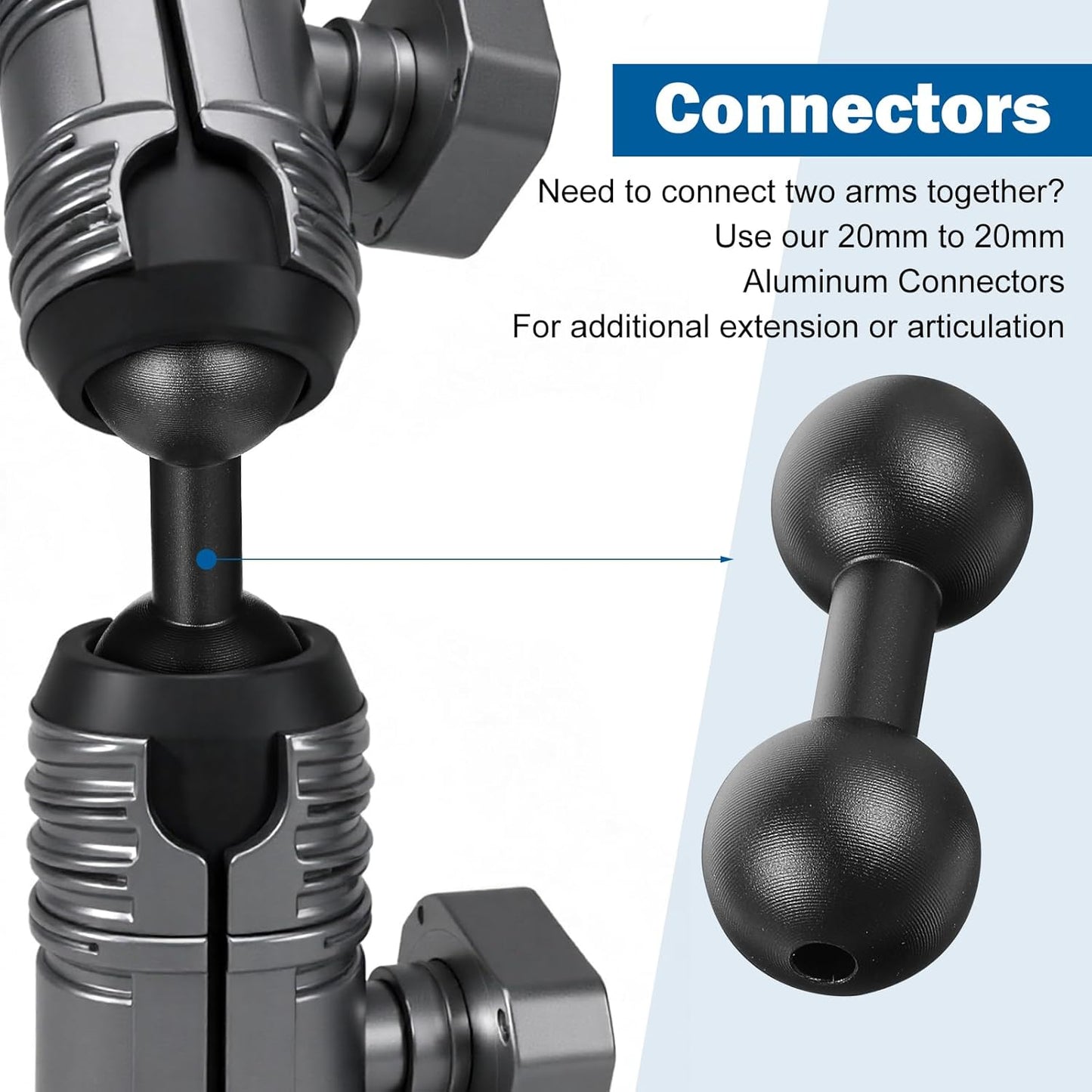 20mm to 20mm Ball Mount Arm, Black Aluminum Alloy Ball Adapter Double Balls Mount Extension Connector for Secure Attachment for Mounting Arm with 20 mm Connections Compatible with 20 mm Mounting Arms