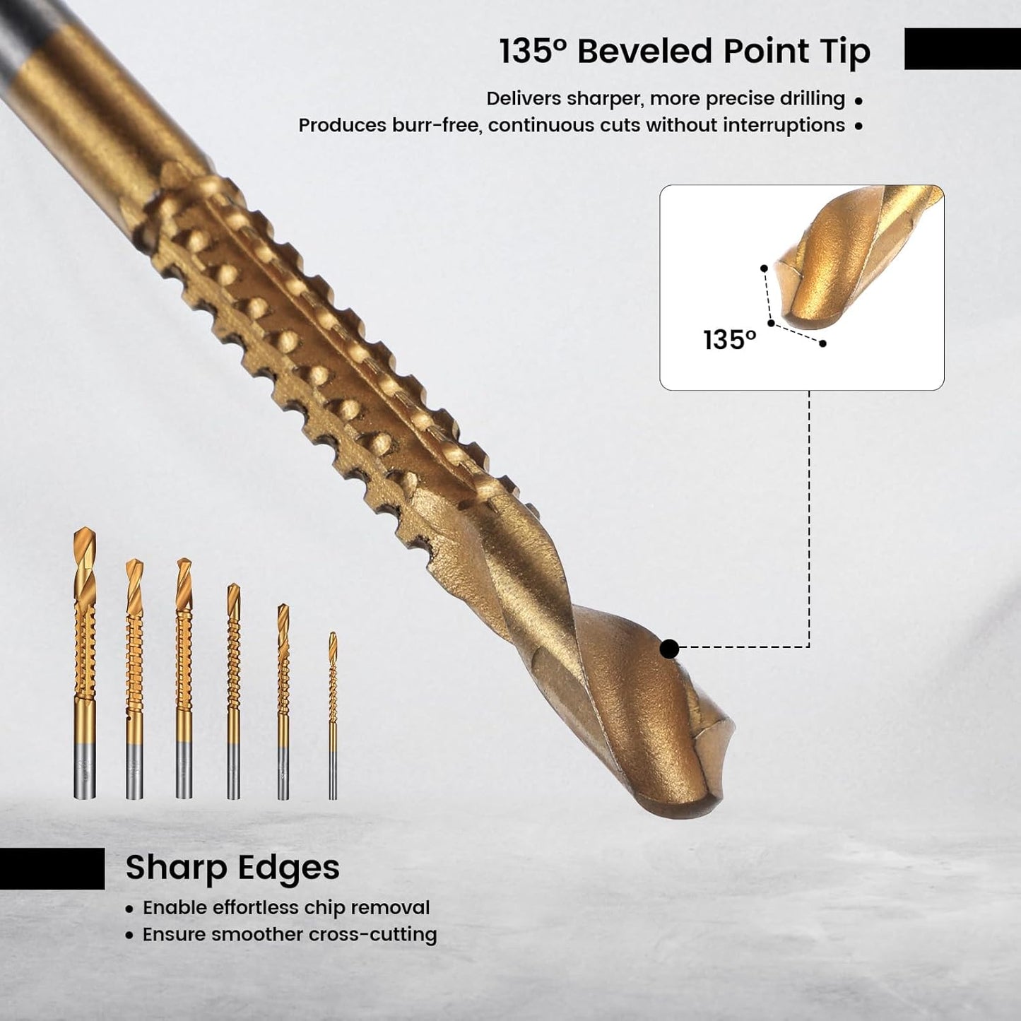 6 Pack Titanium Drill Bit Set, 3-8mm Serrated Side Cutting Drill Bit, Titanium Serrated Cutting Bits, Woodworking Tools, Hole Holesaw Tool for Plastic Metal Wood Hole