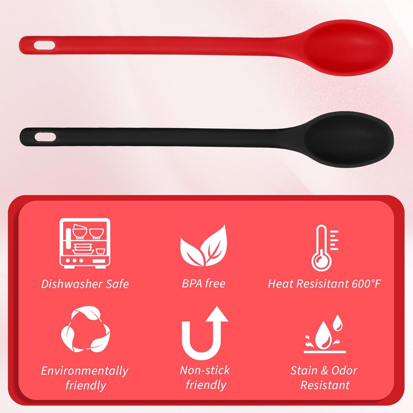 2Pcs Long Spoons for Stirring,Shimmeroo Mixing Spoons for Cooking Long Stirring Spoon for Baking Serving Stir Spoon (Red & Black)