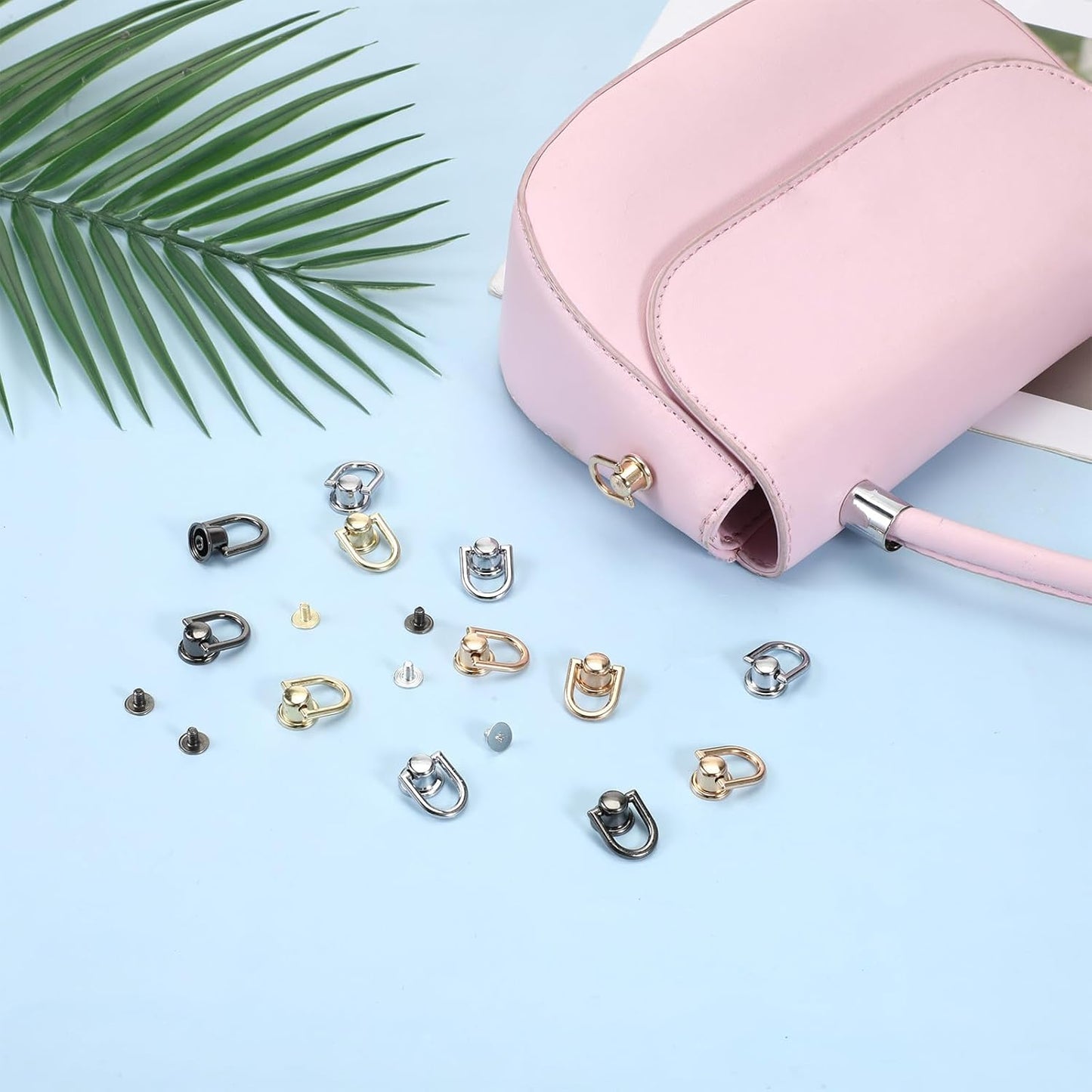 40 Pcs D Rings for Purse, Small Stud Screw Rivets for Leather Crafting, Versatile Purse Rotatable D Ring Stud, Wallet Crossbody Conversion Kit (Black+Silver+Gold+Light Gold)