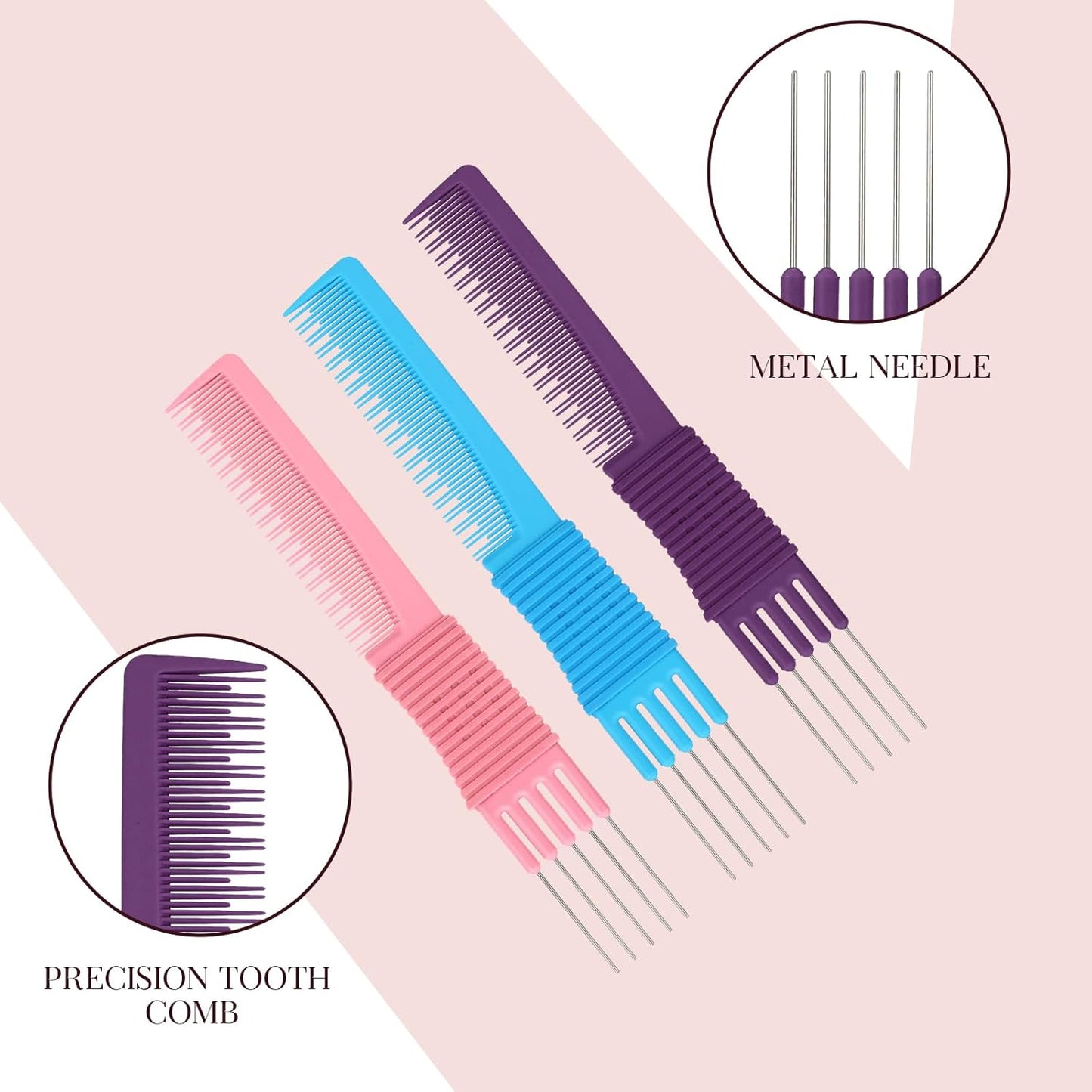 3 Pack Lift Teasing Combs with Metal Prong Salon Teasing Back Combs Hair Styling Comb Lifting Fluffing Comb with Metal Pick Hair Picks for Women