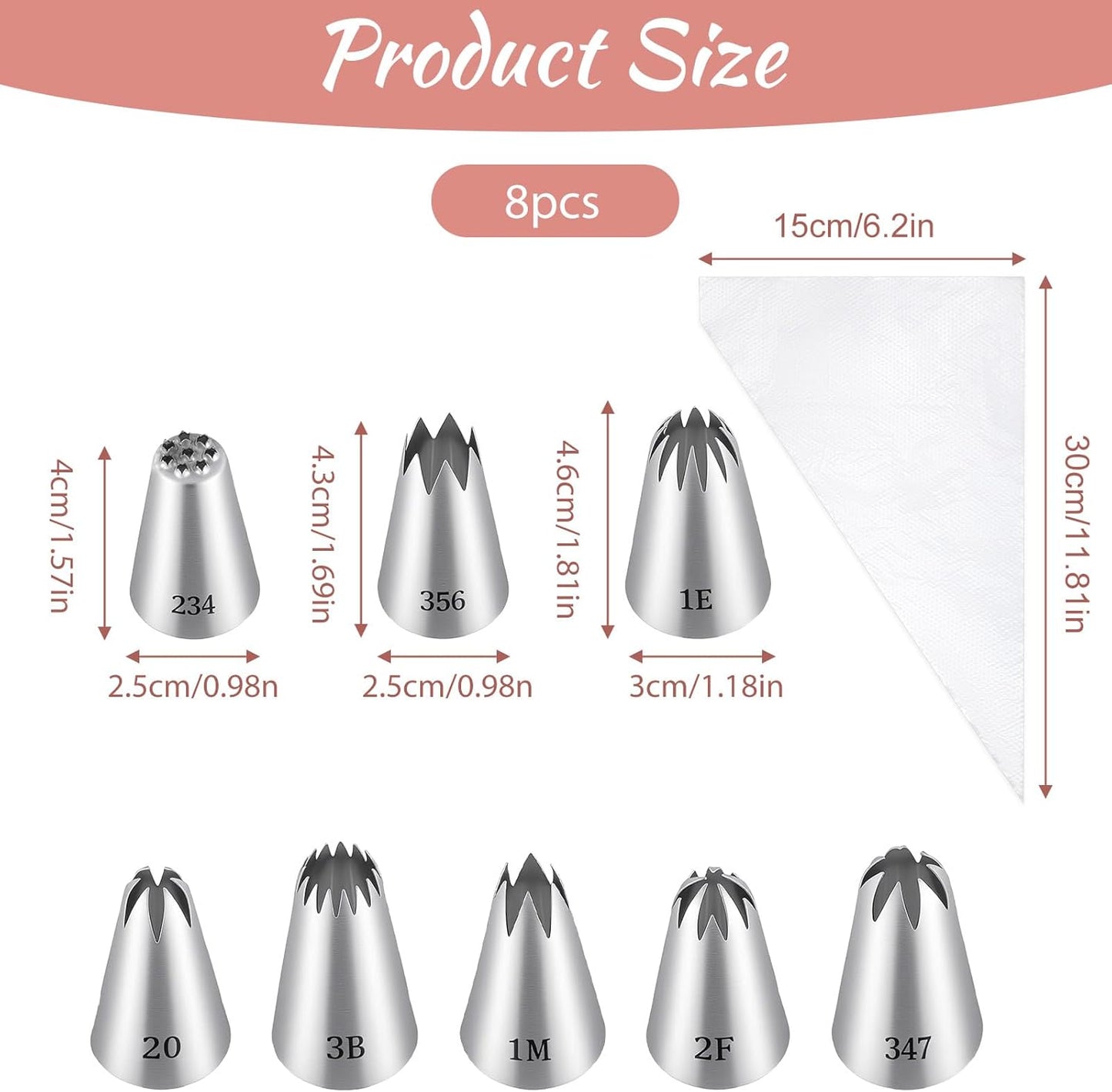 8 Pcs Large Piping Tips Set, Stainless Steel Cake Decorating Tips Set with 10pcs Piping Bag Pastry Cake Decorating Tip Baking Tools for Baking Cupcakes Decoration
