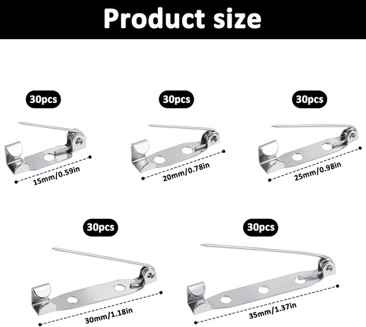 150 Pcs Brooch Pin Backs Kit, 5 Sizes Silver Safety Bar Pins for Crafts Metal Flat Back Locking Clasp Clasp Backings for DIY Jewelry Making Badge Name Tag and Craft DIY Accessories