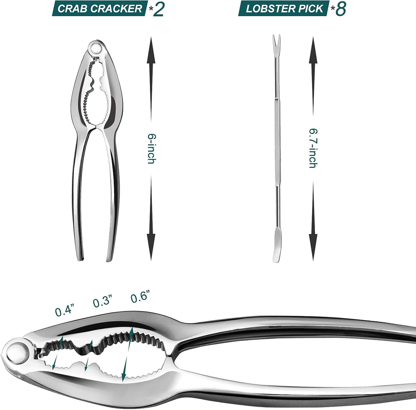 Lobster Crackers and Picks Set, 10-Piece Crab Leg Cracker Tools - Stainless Steel Seafood Crackers & Forks Nut Cracker Set - Dishwasher Safe