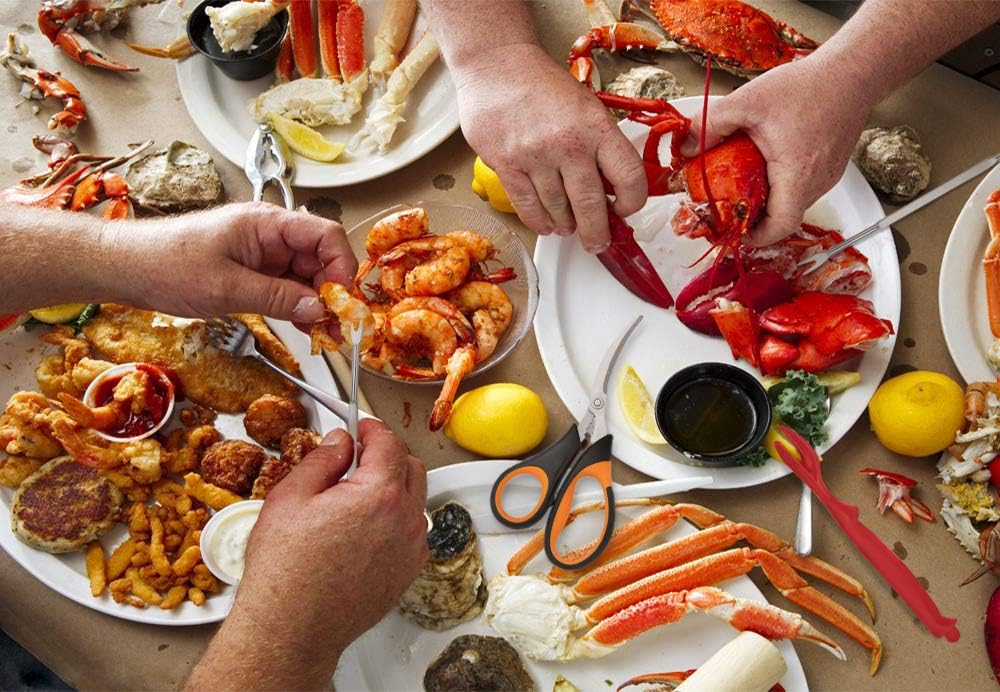 4-Person Seafood Tools Set includes 2 Crab Crackers, 4 Lobster Shellers, 4 Crab Leg Forks/Picks and 1 Seafood Scissors - Nut Cracker Set