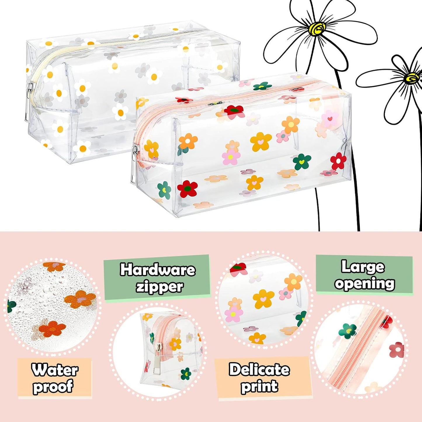 Amylove 2 Pack Cute Flower Makeup Bags Daisy Zipper Pouches Floral Pencil Pouch Portable Toiletry Pouches for Women Travel Vacation Bathroom School Organizing(Daisy)