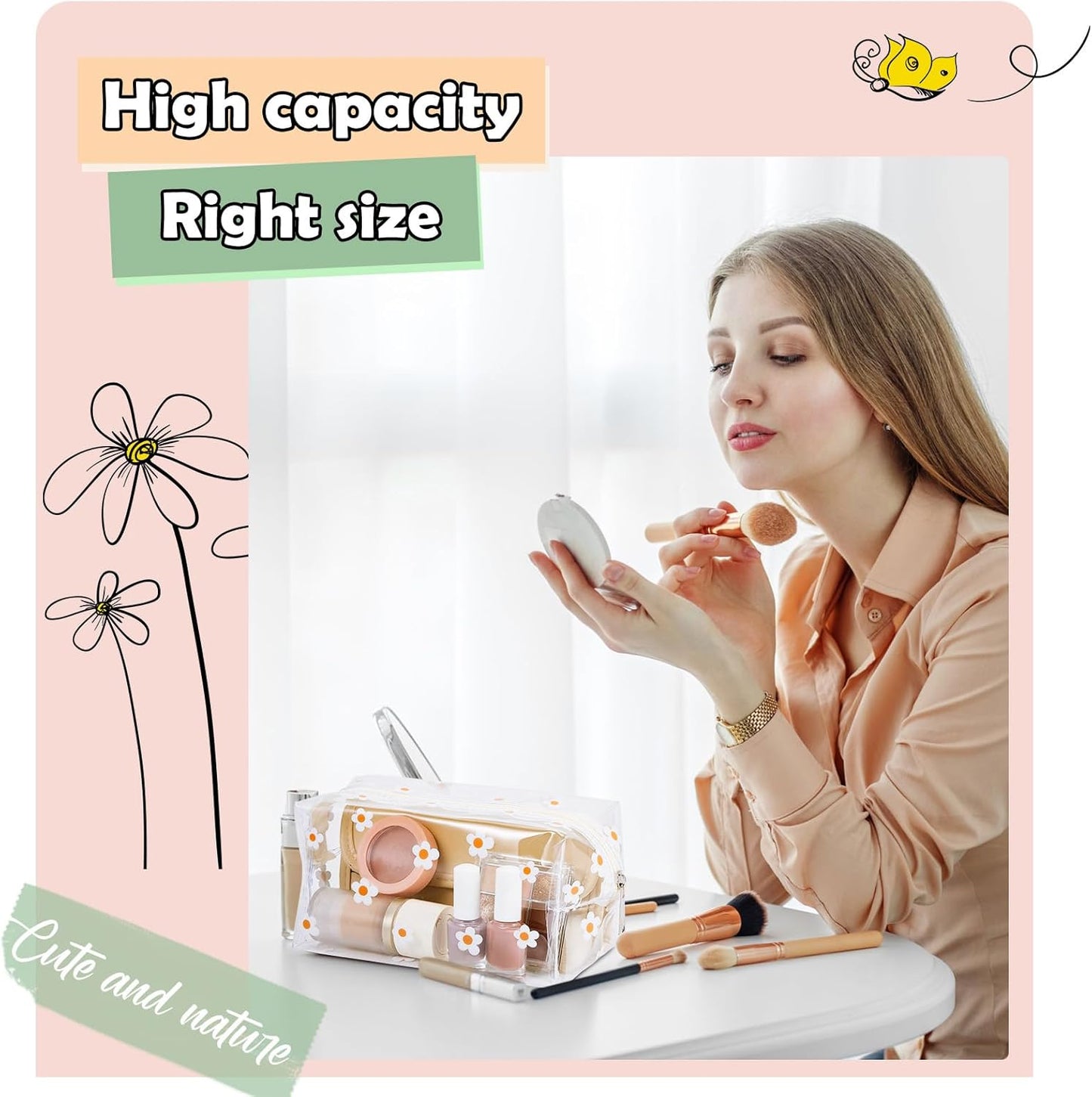 Amylove 2 Pack Cute Flower Makeup Bags Daisy Zipper Pouches Floral Pencil Pouch Portable Toiletry Pouches for Women Travel Vacation Bathroom School Organizing(Daisy)