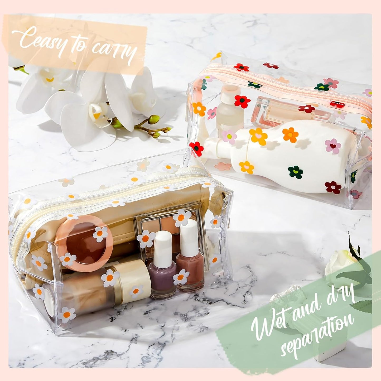 Amylove 2 Pack Cute Flower Makeup Bags Daisy Zipper Pouches Floral Pencil Pouch Portable Toiletry Pouches for Women Travel Vacation Bathroom School Organizing(Daisy)