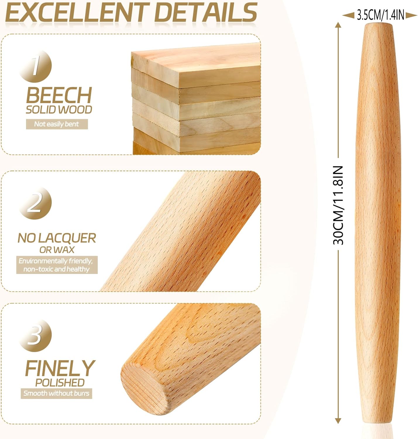 Classic French Rolling Pin for Baking - Beech Wood Tapered Rolling Pin Dough Roller for Pizza Dough, Pie Crust Cookie Fondant Dumpling 11.81-Inch