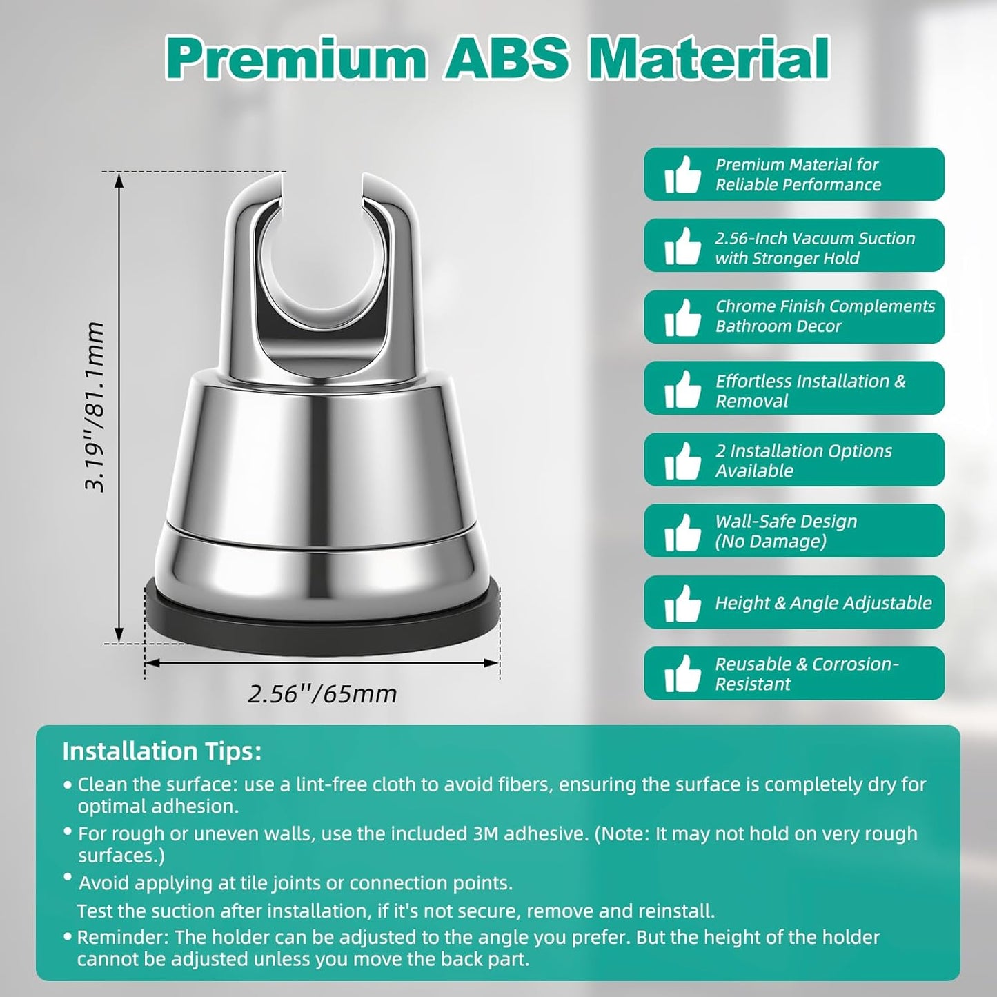 Vacuum Suction Cup Shower Head Holder, Removable Shower Wand Bracket, Adjustable Height & Wall Mount ABS Plastic Suction Holder for Handheld Shower Head, Chrome Finish