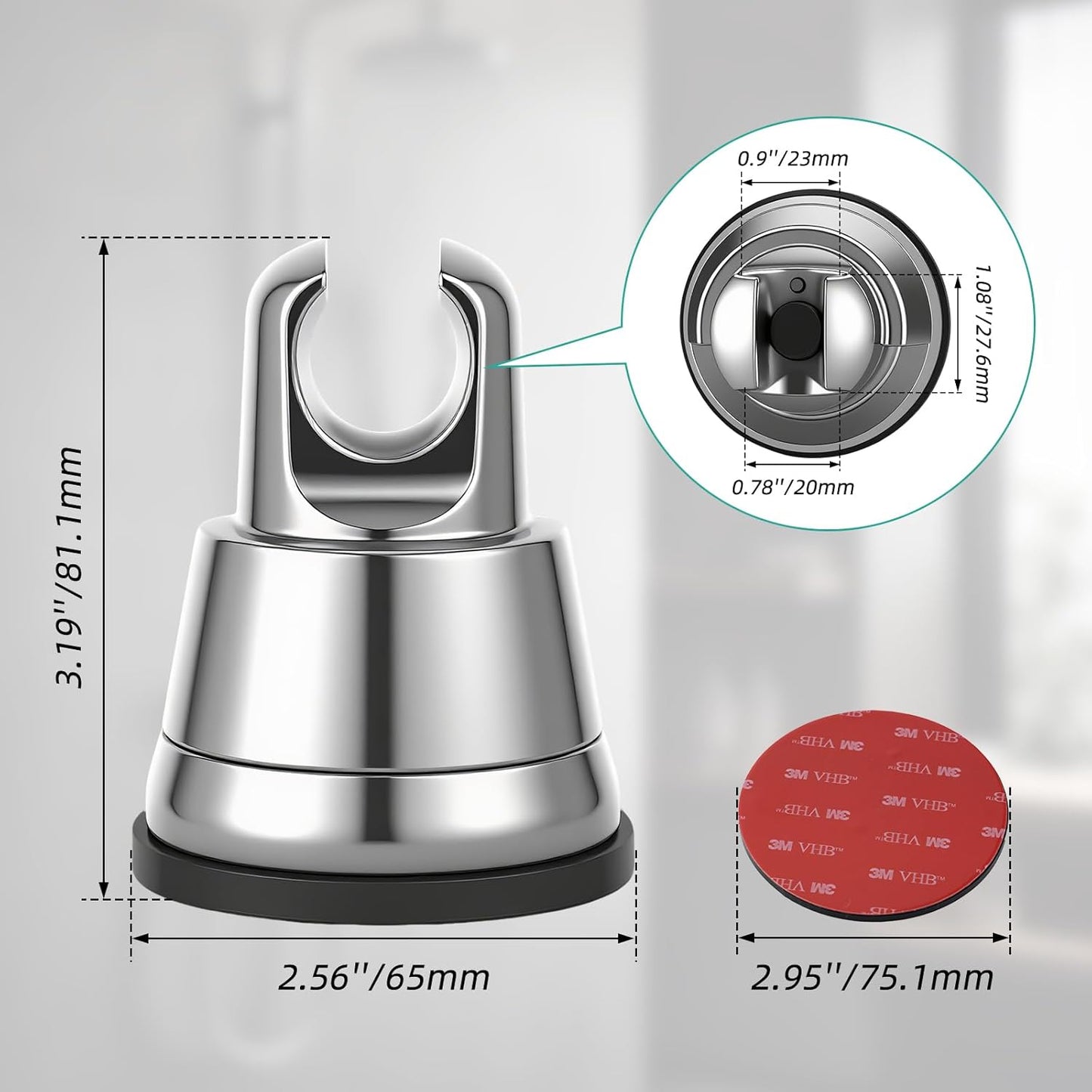 Vacuum Suction Cup Shower Head Holder, Removable Shower Wand Bracket, Adjustable Height & Wall Mount ABS Plastic Suction Holder for Handheld Shower Head, Chrome Finish