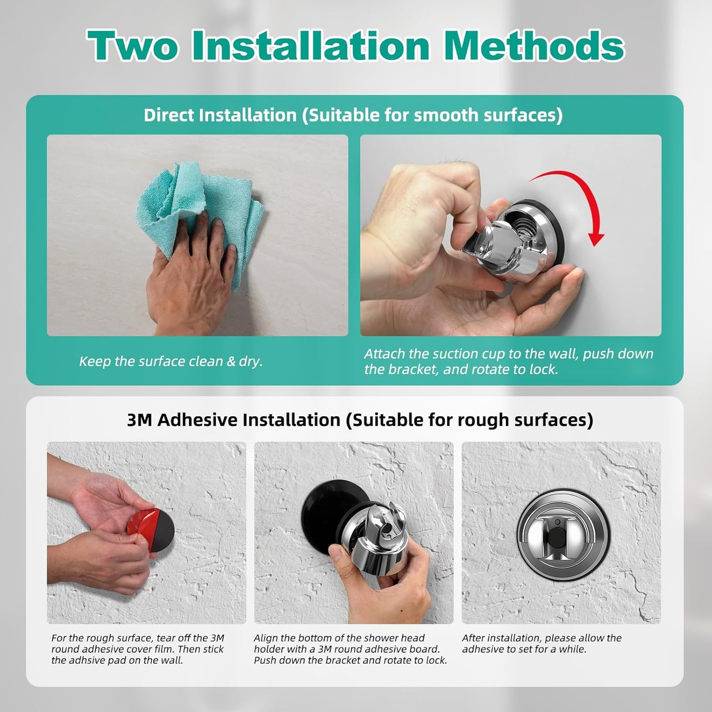 Vacuum Suction Cup Shower Head Holder, Removable Shower Wand Bracket, Adjustable Height & Wall Mount ABS Plastic Suction Holder for Handheld Shower Head, Chrome Finish