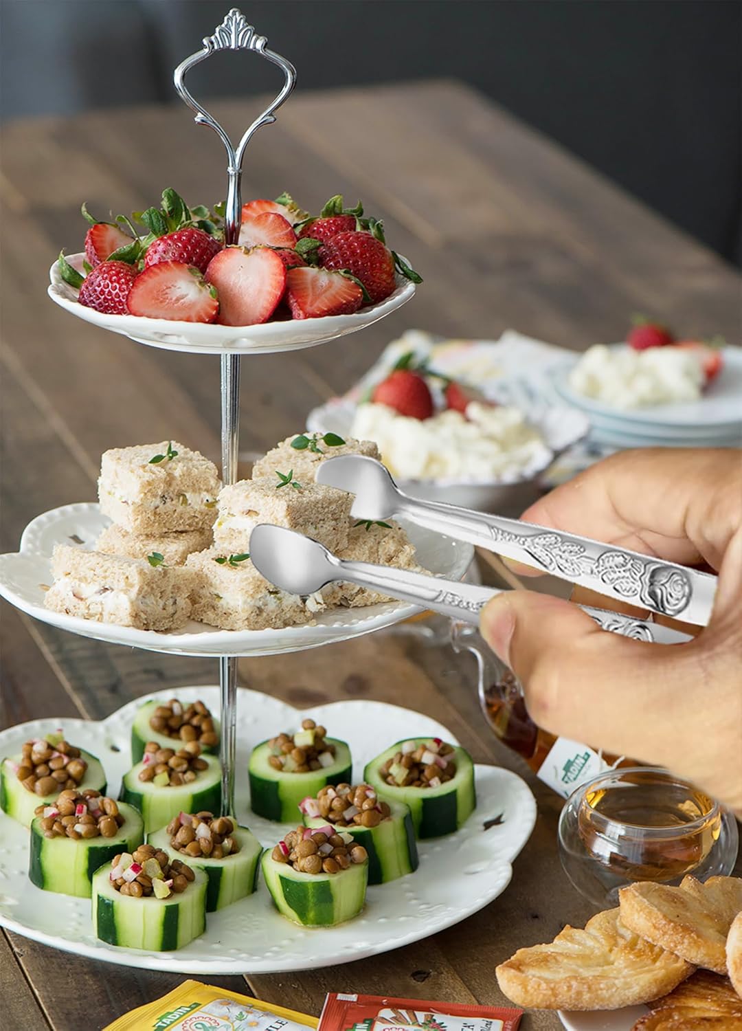 6PCS Mini Serving Tongs 5-Inch Small Sugar Tongs, Tiny Stainless Steel Kitchen Tong for Appetizers, Tea Party, Coffee Bar, Desserts (Silver)
