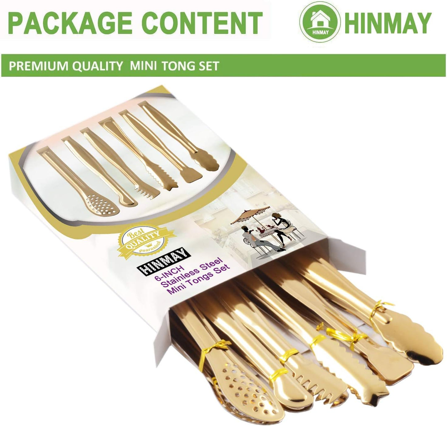 Gold Plated Mini Serving Tongs Set 6-Inch Appetizers Tongs Stainless Steel Small Sugar Cube Tongs Ice Tongs, Set of 6