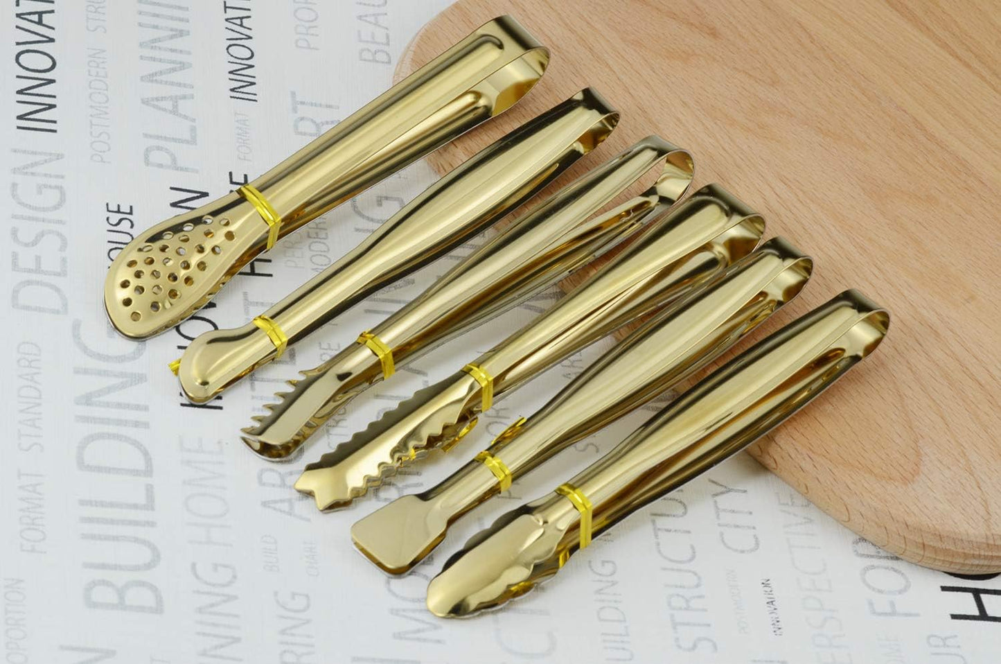 Gold Plated Mini Serving Tongs Set 6-Inch Appetizers Tongs Stainless Steel Small Sugar Cube Tongs Ice Tongs, Set of 6