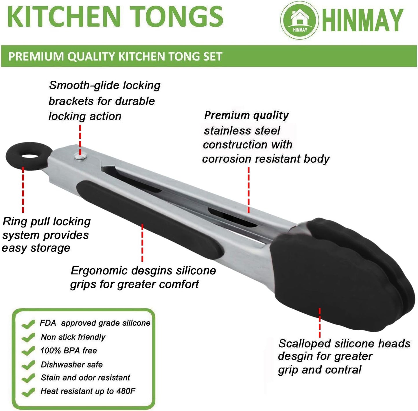 Small Serving Tongs with Silicone Tips 7 Inch Mini Stainless Steel Food Tongs, Set of 3 (Black)