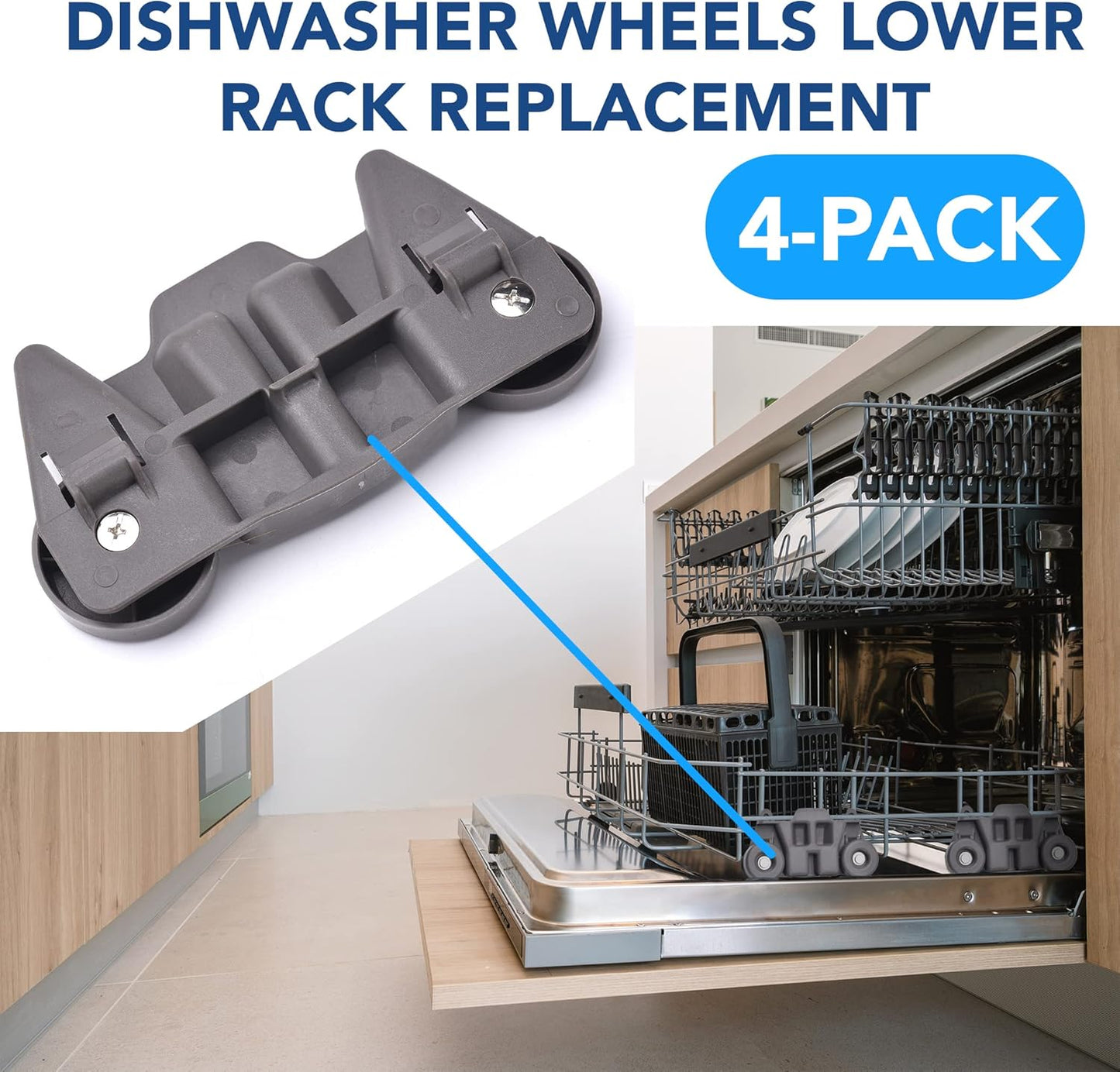 (4-pack) W10195416 NEW UPGRADED Replacement Part for Lower Dishwasher Wheel – Compatible with GE/Whirlpool/Kenmore - AP5983730, W10195416V, W10105417, PS11722152, W10195416VP
