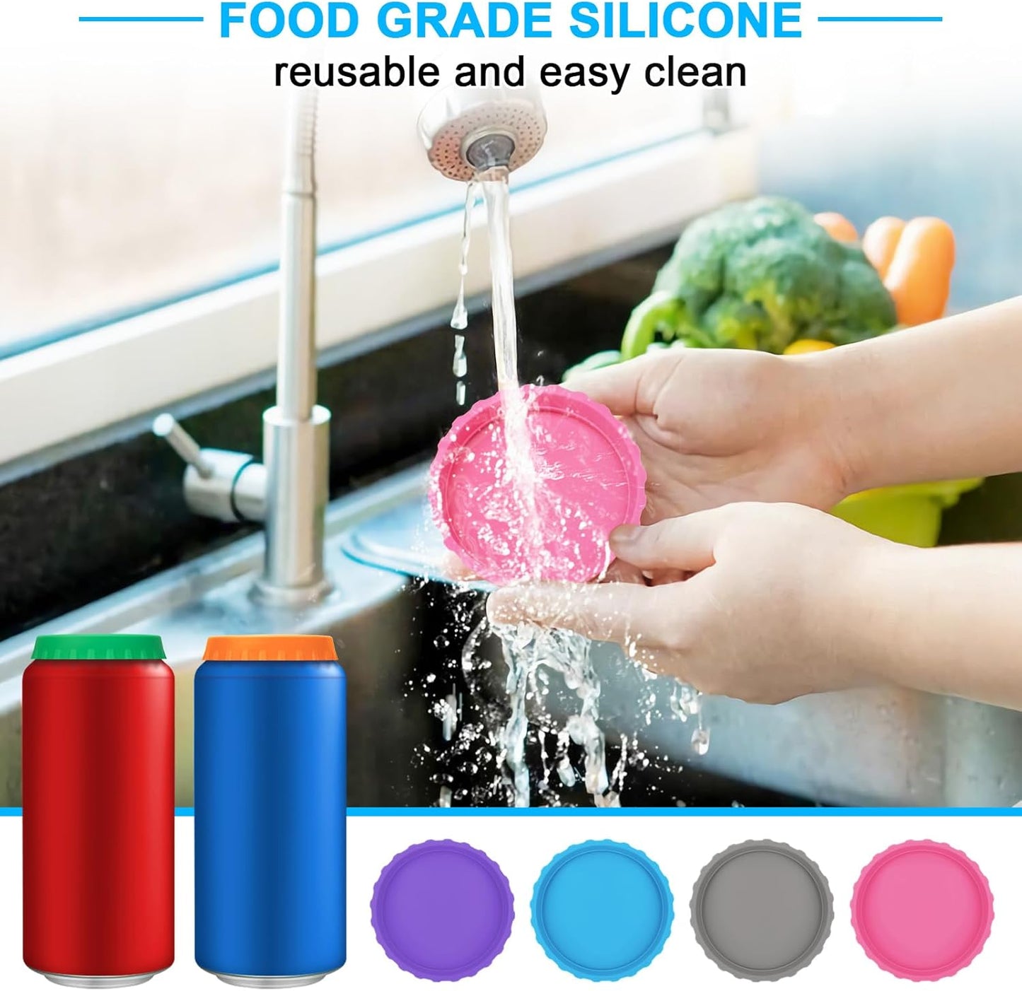 6 Pack Silicone Soda Can Cover Lids, Reusable Soda Can Lids + Single Hole Punch 1/4” Hole Puncher for Crafts Purple