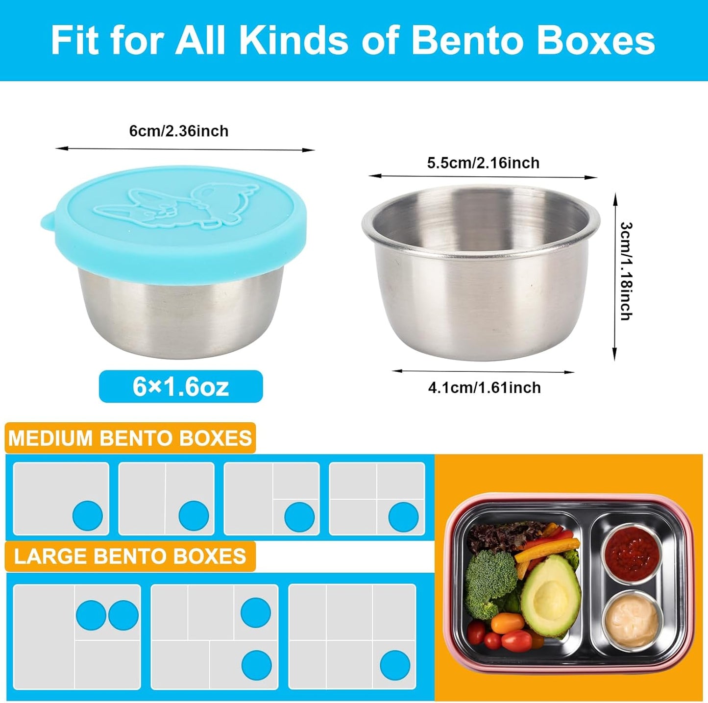 Salad Containers For Lunch To Go, 6x1.6 Oz Stainless Steel Condiment Containers With Lids, Leakproof Sauce Cups for Dipping, Salad Dressing, Meal Prep