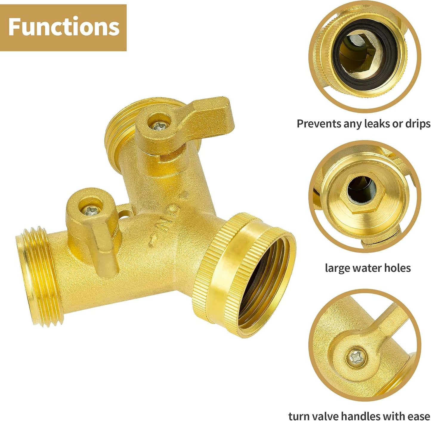 Hose Splitter 2 Way, Garden Hose Splitter, 100% Rustproof Brass Water Hose Splitter with Adjustable Flow Valves, Seamless Design & 2 Extra Rubber Washers - 3/4" Y Connector Hose Adapter.