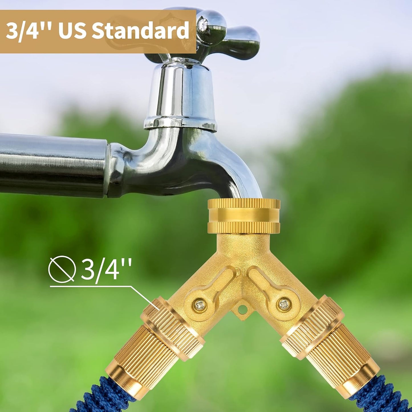 Hose Splitter 2 Way, Garden Hose Splitter, 100% Rustproof Brass Water Hose Splitter with Adjustable Flow Valves, Seamless Design & 2 Extra Rubber Washers - 3/4" Y Connector Hose Adapter.