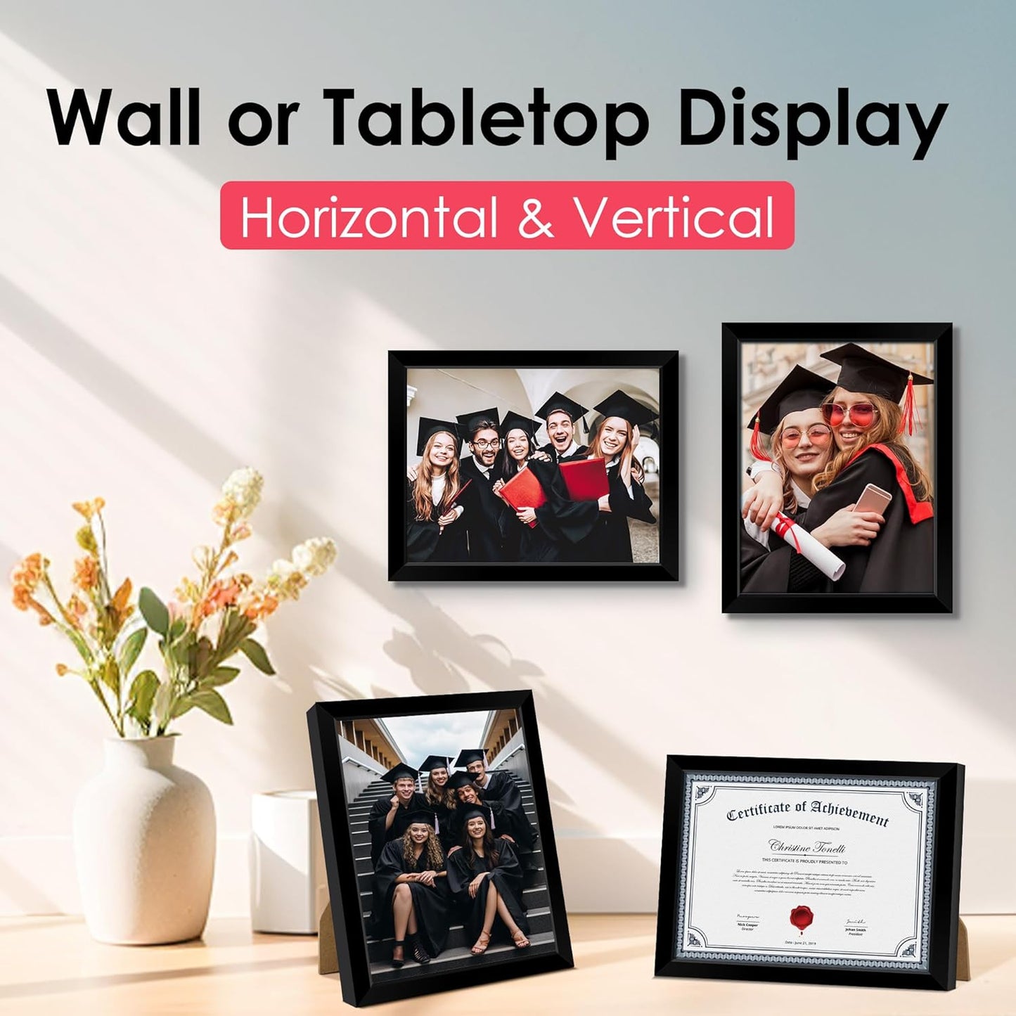 8.5x11 Diploma Frame, Black Picture Frame with Clear Plexiglass, 2 Pack Certificate Frame for Tabletop or Wall Display, 8.5x11 Document Frame, High School Diploma Frames