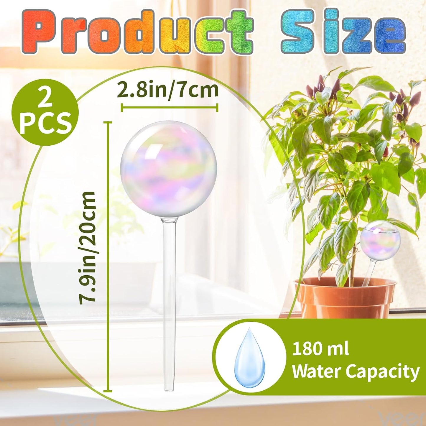 2 Pcs Iridescent Self Watering Globes,Rainbow Plant Watering Insert,Automatic Plant Waterer Glass Bulbs,Clear Glass Plant Water Globes for Indoor and Outdoor
