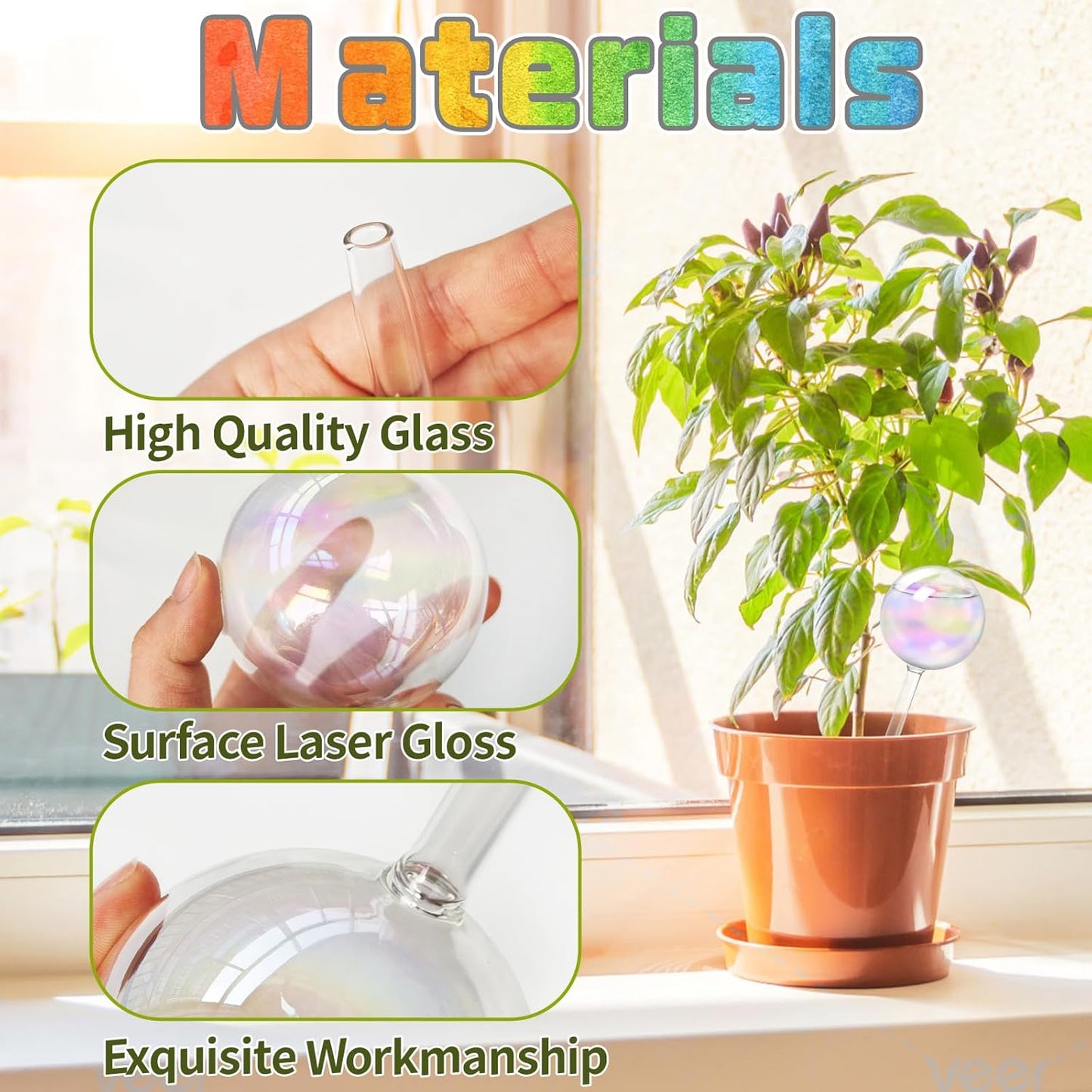 2 Pcs Iridescent Self Watering Globes,Rainbow Plant Watering Insert,Automatic Plant Waterer Glass Bulbs,Clear Glass Plant Water Globes for Indoor and Outdoor